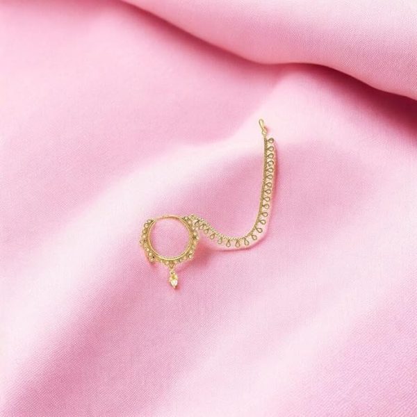 Traditional Ethnic Gold-Plated Copper Nose Ring with Chain & American Diamond for Women | Bridal Jewelry | Perfect Gifting for Karwa Chauth & Weddings - Image 4