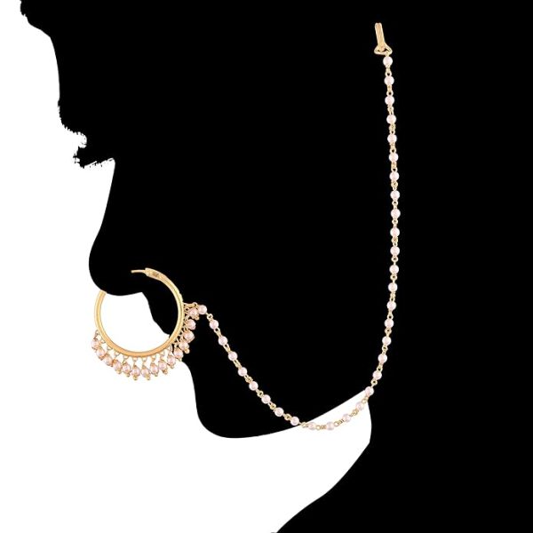 ACCESSHER Gold Plated Pearl Nose Ring/nath with Chain for Women - Image 3