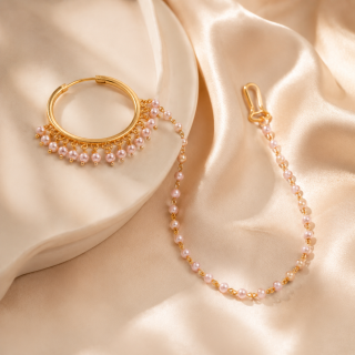 ACCESSHER Gold Plated Pearl Nose Ring with Chain for Women & Girls