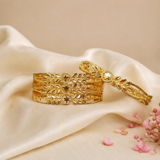 ACCESSHER Gold Plated Handcrafted Kada Bangles - Floral Textured Detailing for Women & Girls (Set of 4)(2.10)