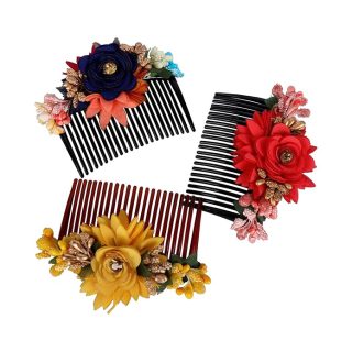 AccessHer Multicolor Pack of 3 Acrylic Comb Hair Clips | Indo-Western Fancy Side Pins & Jooda Pins with Cloth Flower Design | Stylish Hair Accessories for Women | Pack of 3