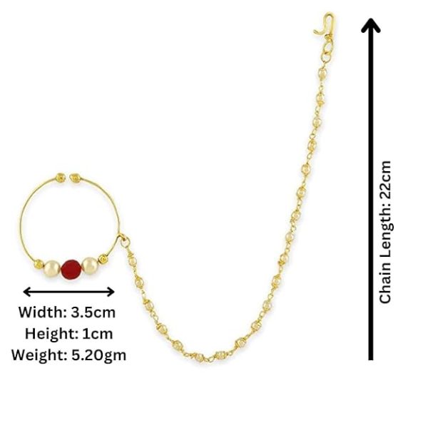 ACCESSHER Gold Plated Traditional and Ethnic Ruby Kundan Embellished Delicate Clip On/Non-Piercing Nose Ring/Nathani with Pearl Chain for Women Pack of 1 - Image 5