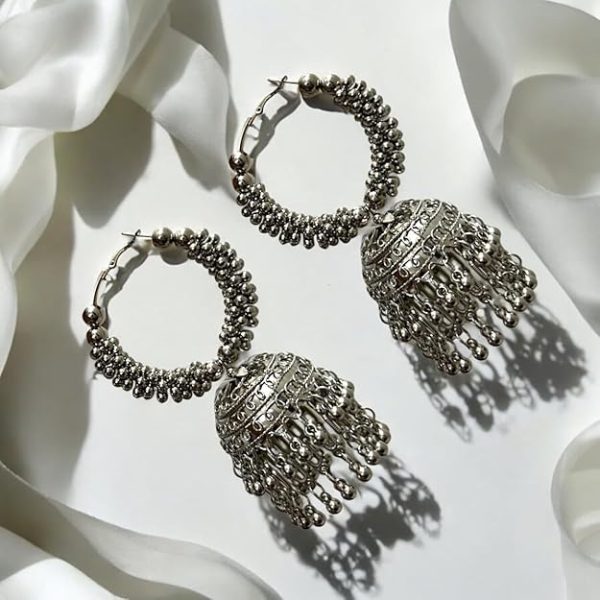 Accessher Silver Plated Stone Studded Boho Style Semi Circle Oxidized Dangle Earrings with Pearl Drops for Women and Girls Pack of 1 - Image 4