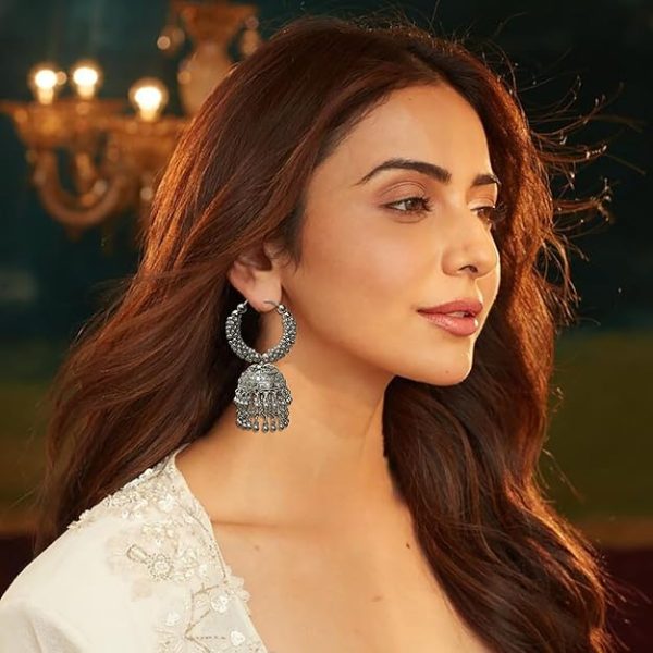 Accessher Silver Plated Stone Studded Boho Style Semi Circle Oxidized Dangle Earrings with Pearl Drops for Women and Girls Pack of 1 - Image 2