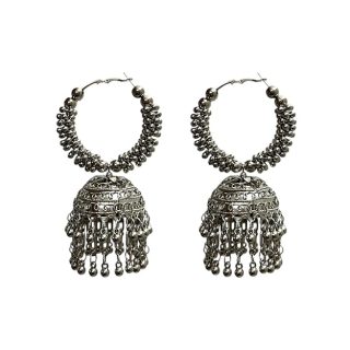 Accessher Silver Plated Stone Studded Boho Style Semi Circle Oxidized Dangle Earrings with Pearl Drops for Women and Girls Pack of 1