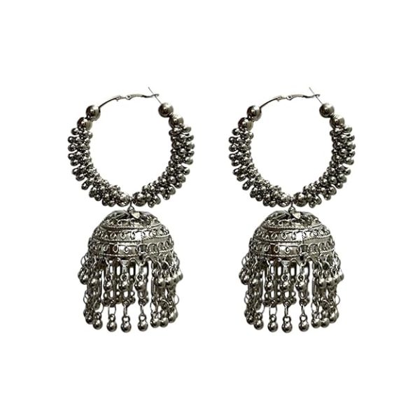 Accessher Silver Plated Stone Studded Boho Style Semi Circle Oxidized Dangle Earrings with Pearl Drops for Women and Girls Pack of 1