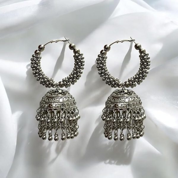 Accessher Silver Plated Stone Studded Boho Style Semi Circle Oxidized Dangle Earrings with Pearl Drops for Women and Girls Pack of 1 - Image 3