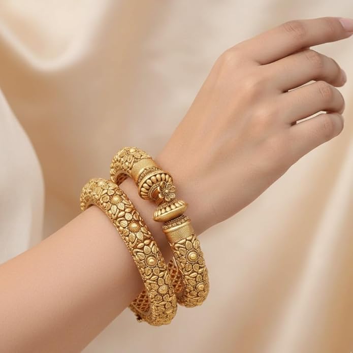 ACCESSHER Rajwadi Style Gold Plated Kada Bangles - Ruby Stone Detailing & Screw Closure (Set of 2, Size 2.2) - Image 3