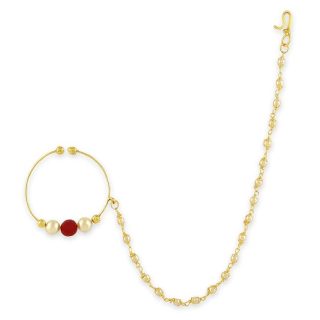 ACCESSHER Gold Plated Traditional and Ethnic Ruby Kundan Embellished Delicate Clip On/Non-Piercing Nose Ring/Nathani with Pearl Chain for Women Pack of 1