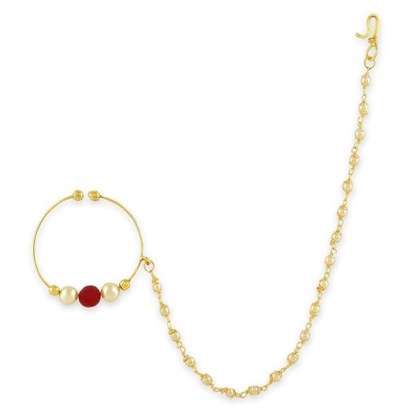 ACCESSHER Gold Plated Traditional and Ethnic Ruby Kundan Embellished Delicate Clip On/Non-Piercing Nose Ring/Nathani with Pearl Chain for Women Pack of 1