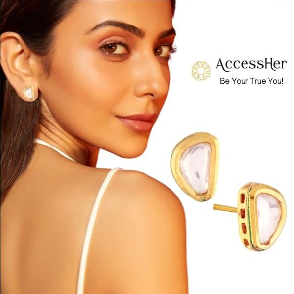 Accessher Traditional Style Gold Plated Delicate Vilandi Kundan Studded Casual Wear Stud Earrings with Push Back Closure for Women and Girls Pack of 1 Pair - Image 4