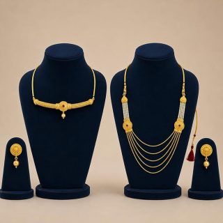 ACCESSHER Gold Toned Temple Style Necklace Set with Pearl & Multicolour Stone Earrings - Traditional Occasion Jewellery