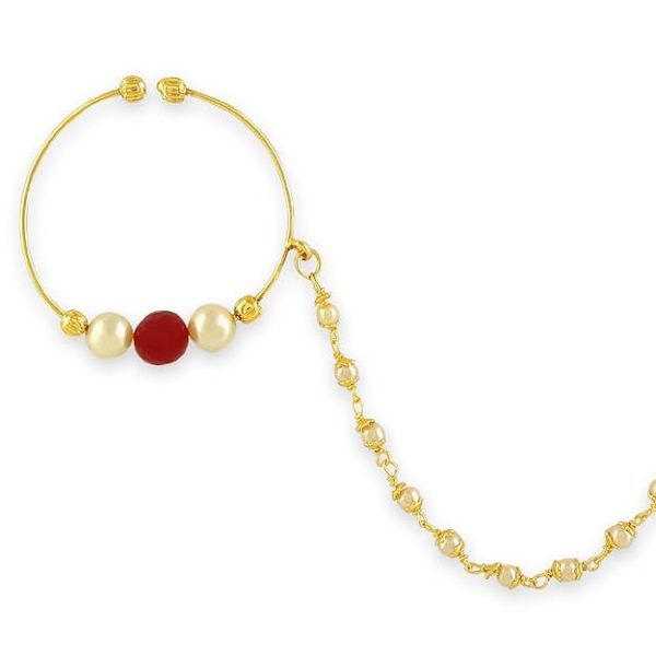 ACCESSHER Gold Plated Traditional and Ethnic Ruby Kundan Embellished Delicate Clip On/Non-Piercing Nose Ring/Nathani with Pearl Chain for Women Pack of 1 - Image 4
