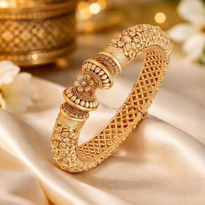 ACCESSHER Rajwadi Style Gold Plated Kada Bangles - Ruby Stone Detailing & Screw Closure (Set of 2, Size 2.2) - Image 4