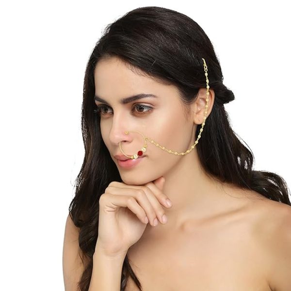 ACCESSHER Gold Plated Traditional and Ethnic Ruby Kundan Embellished Delicate Clip On/Non-Piercing Nose Ring/Nathani with Pearl Chain for Women Pack of 1 - Image 2