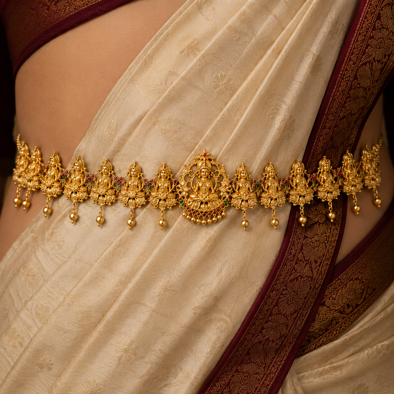 AccessHer Gold Plated Temple Jewellery Kamarbandh with Goddess Lakshmi Design - Bridal Waist Belt - Image 5