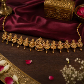AccessHer Gold Plated Temple Jewellery Kamarbandh with Goddess Lakshmi Design - Bridal Waist Belt