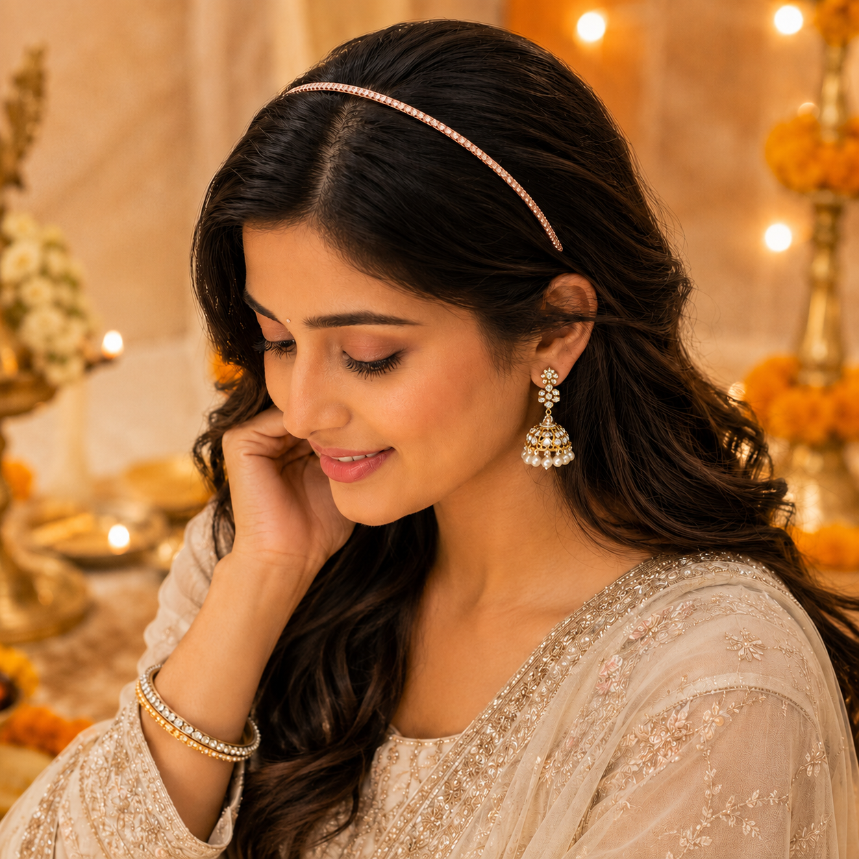 AccessHer Rose Gold Rhinestone Hair Hoop - Stylish Party & Ethnic Wear Hairband - Image 5
