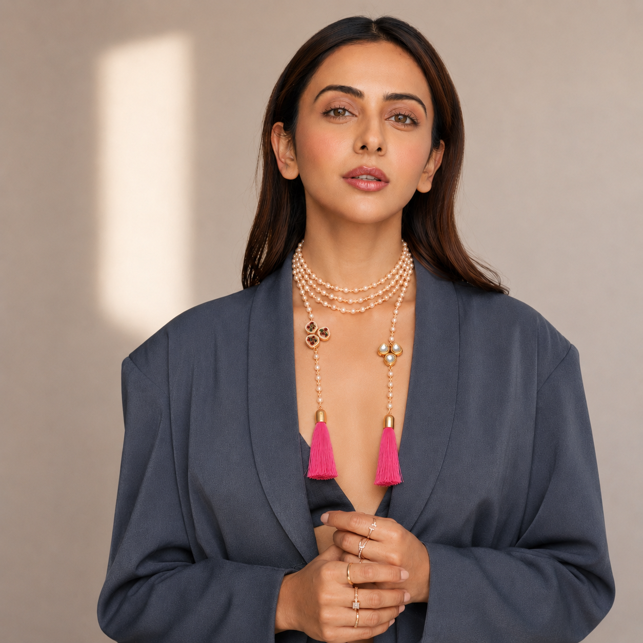 ACCESSHER Contemporary Knotted Link Chain Necklace - Freshwater Pearls & Lobster Claw Closure for Women (Pink) - Image 3