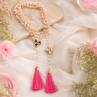 ACCESSHER Contemporary Knotted Link Chain Necklace - Freshwater Pearls & Lobster Claw Closure for Women (Pink)