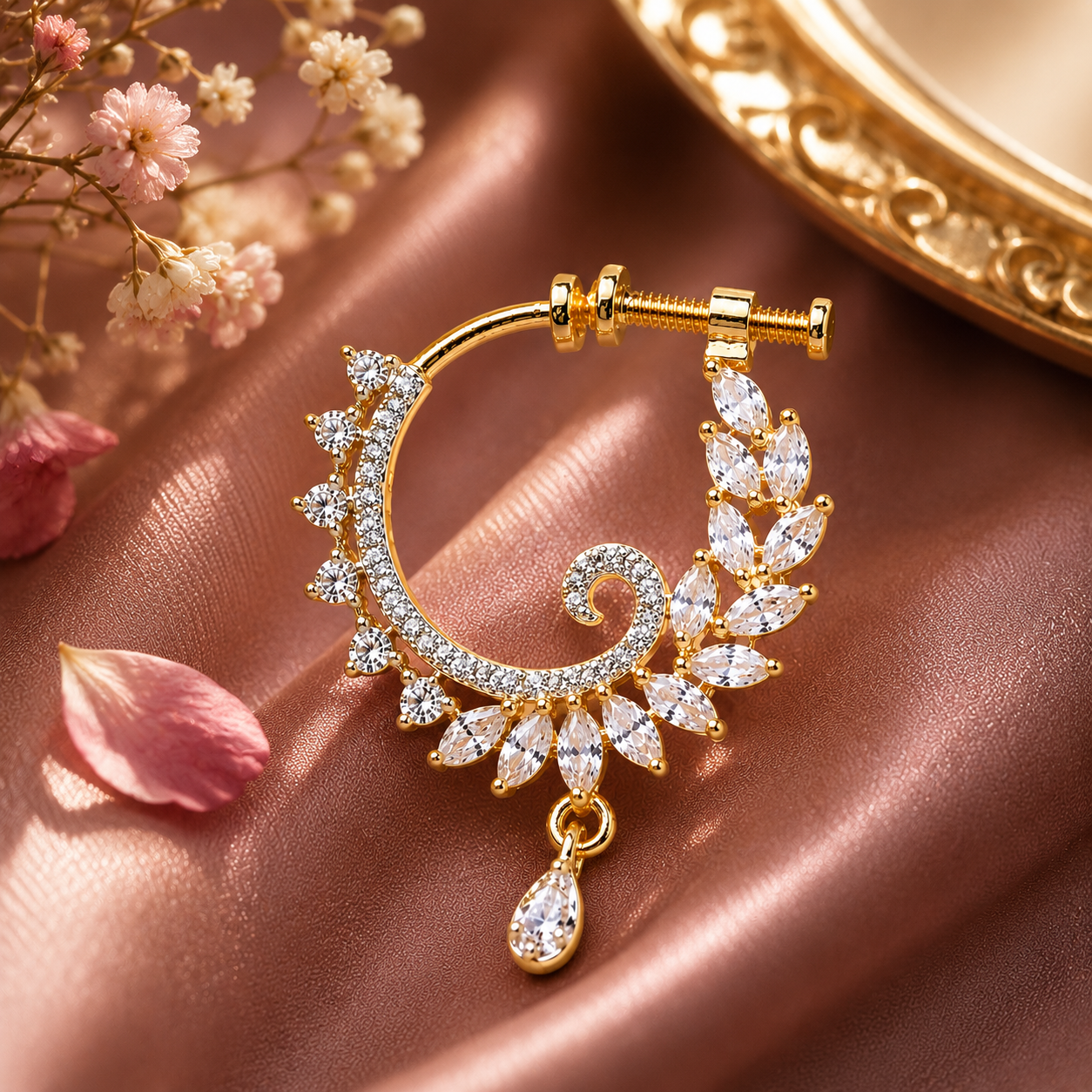 ACCESSHER Gold Plated American Diamond Clip-On Nose Pin - Non Pierced Nathani