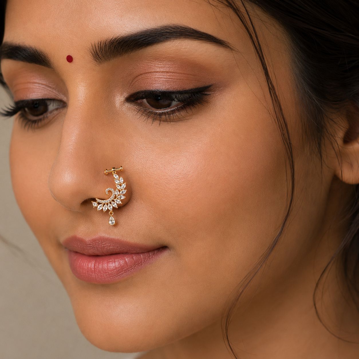 ACCESSHER Gold Plated American Diamond Clip-On Nose Pin - Non Pierced Nathani - Image 2