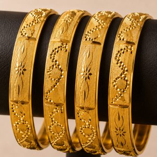ACCESSHER Gold Plated Textured Kada & Kangan Set with Intricate Floral Motif Detailing for Women - Traditional Bangle Set of 4 (2.6)