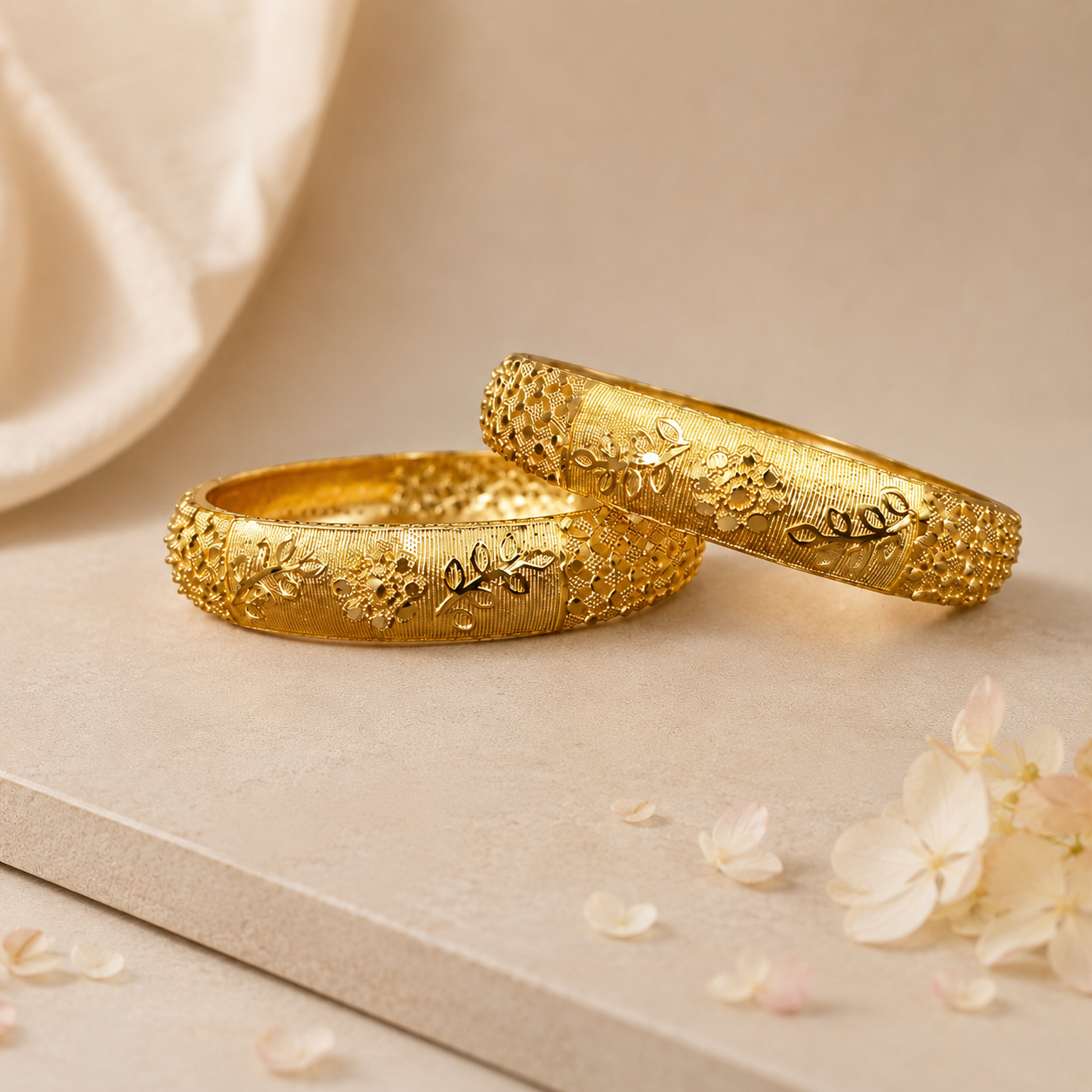ACCESSHER Gold Plated Handcrafted Bracelet Bangles - Floral & Silver Tone Detailing (Set of 2, Size 2.6)