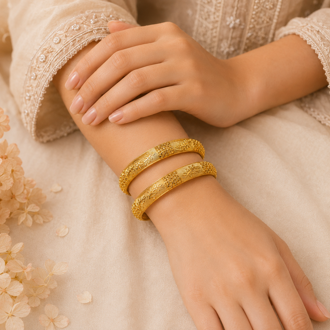 ACCESSHER Gold Plated Handcrafted Bracelet Bangles - Floral & Silver Tone Detailing (Set of 2, Size 2.6) - Image 4