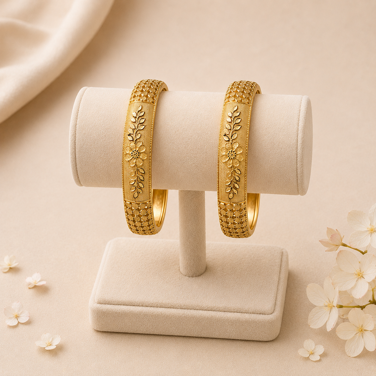 ACCESSHER Gold Plated Handcrafted Bracelet Bangles - Floral & Silver Tone Detailing (Set of 2, Size 2.6) - Image 3