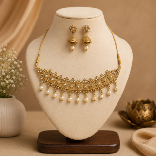 ACCESSHER Gold Plated Handcrafted Necklace Set with Matching Earrings - Lightweight Traditional Jewellery