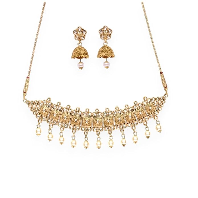 ACCESSHER Gold Plated Handcrafted Necklace Set with Matching Earrings - Lightweight Traditional Jewellery - Image 5