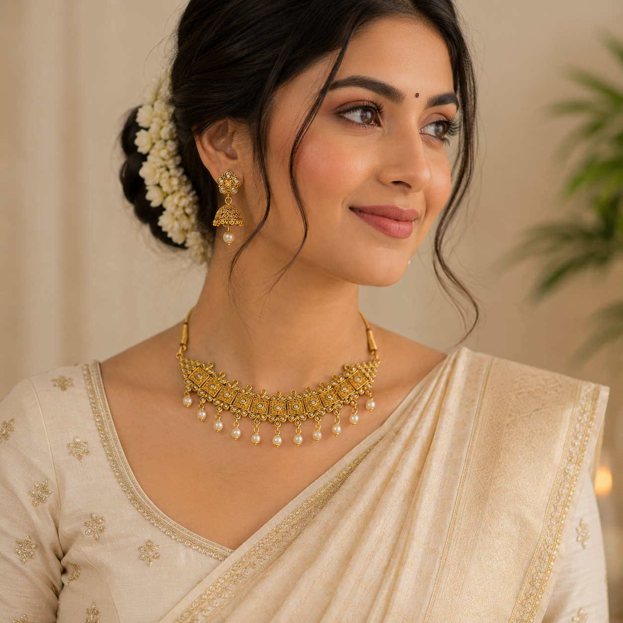 ACCESSHER Gold Plated Handcrafted Necklace Set with Matching Earrings - Lightweight Traditional Jewellery - Image 4