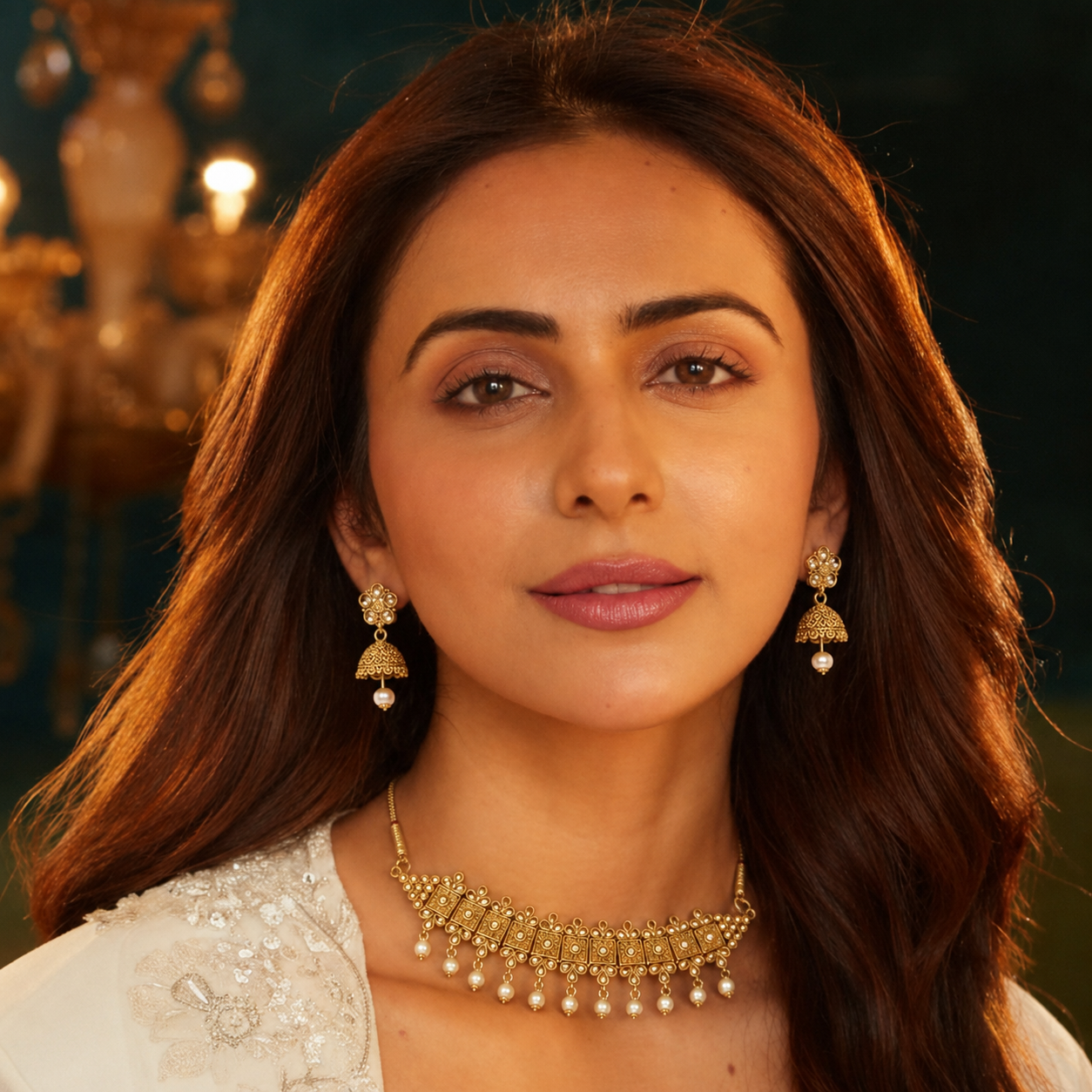 ACCESSHER Gold Plated Handcrafted Necklace Set with Matching Earrings - Lightweight Traditional Jewellery - Image 3