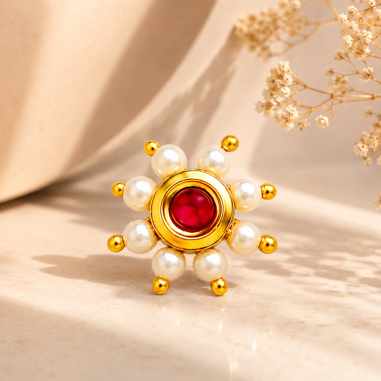 ACCESSHER Kundan & Pearl Embellished Floral Clip-On Nose Ring - Non Pierced Design