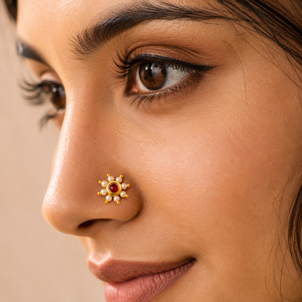 ACCESSHER Kundan & Pearl Embellished Floral Clip-On Nose Ring - Non Pierced Design - Image 4