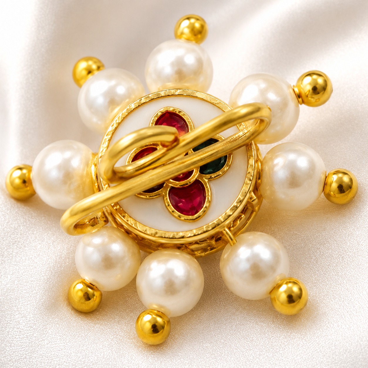 ACCESSHER Kundan & Pearl Embellished Floral Clip-On Nose Ring - Non Pierced Design - Image 3