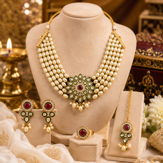 ACCESSHER Gold Plated Kundan & Pearl Bridal Jewellery Set with Necklace, Earrings, Maang Tikka & Ring