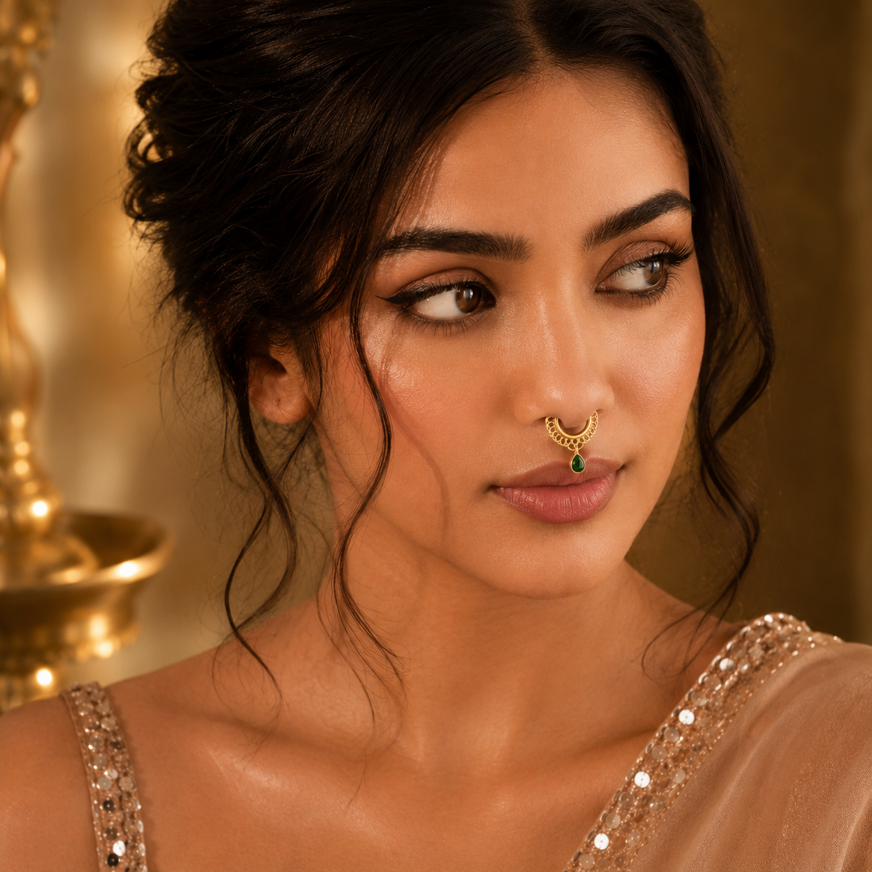 ACCESSHER Gold Plated Clip-On Septum Nose Ring with Stone - Non Pierced Nosepin - Image 2