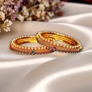 ACCESSHER Gold Plated Pearl Bangle Style Brass Kada For Women | Traditional Rajwadi Bangles with Multicolour Stones | Stylish Bangles Set for Girls and Women (2.6)