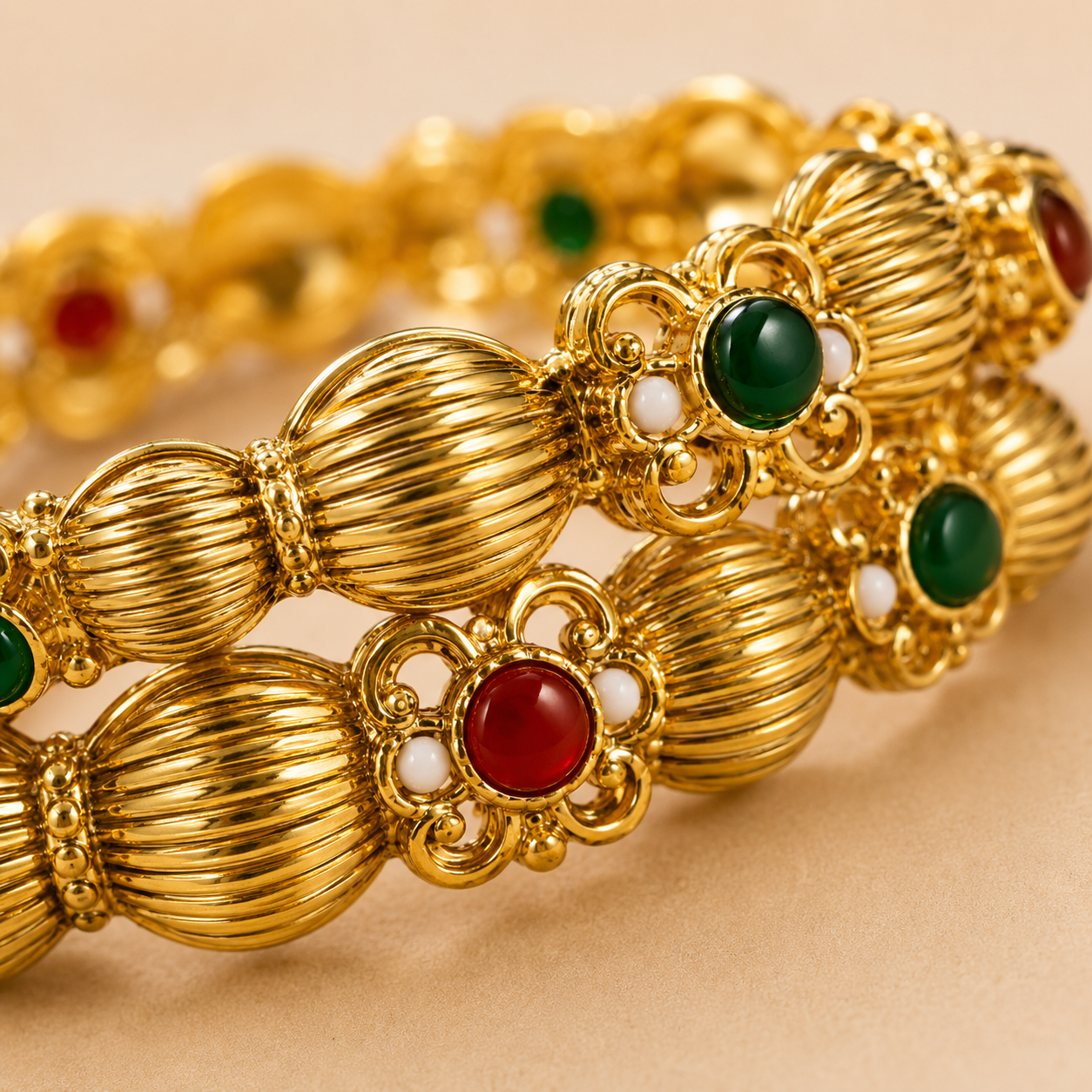 ACCESSHER Gold Plated Pink & Green Artificial Stone - Studded Bangles for women and girls (Set of 4) (2.4) - Image 5
