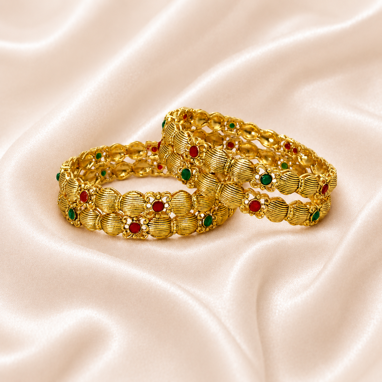 ACCESSHER Gold Plated Pink & Green Artificial Stone - Studded Bangles for women and girls (Set of 4) (2.4) - Image 2