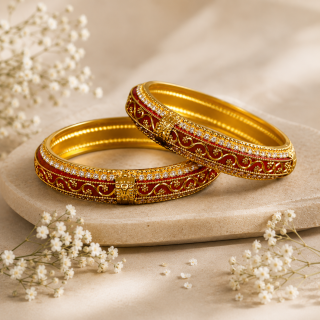 ACCESSHER Rajwadi Style Gold Plated Red Enamel Kada - White Stone Detailing (Size 2.4)
