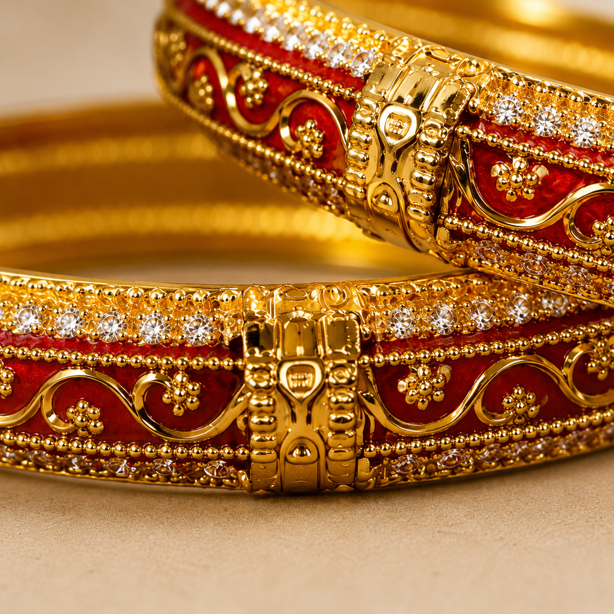 ACCESSHER Gold Plated Red Enamel Brass Kada with White Stone Detailing - Rajwadi Style Bangle (Size 2.8) - Image 3