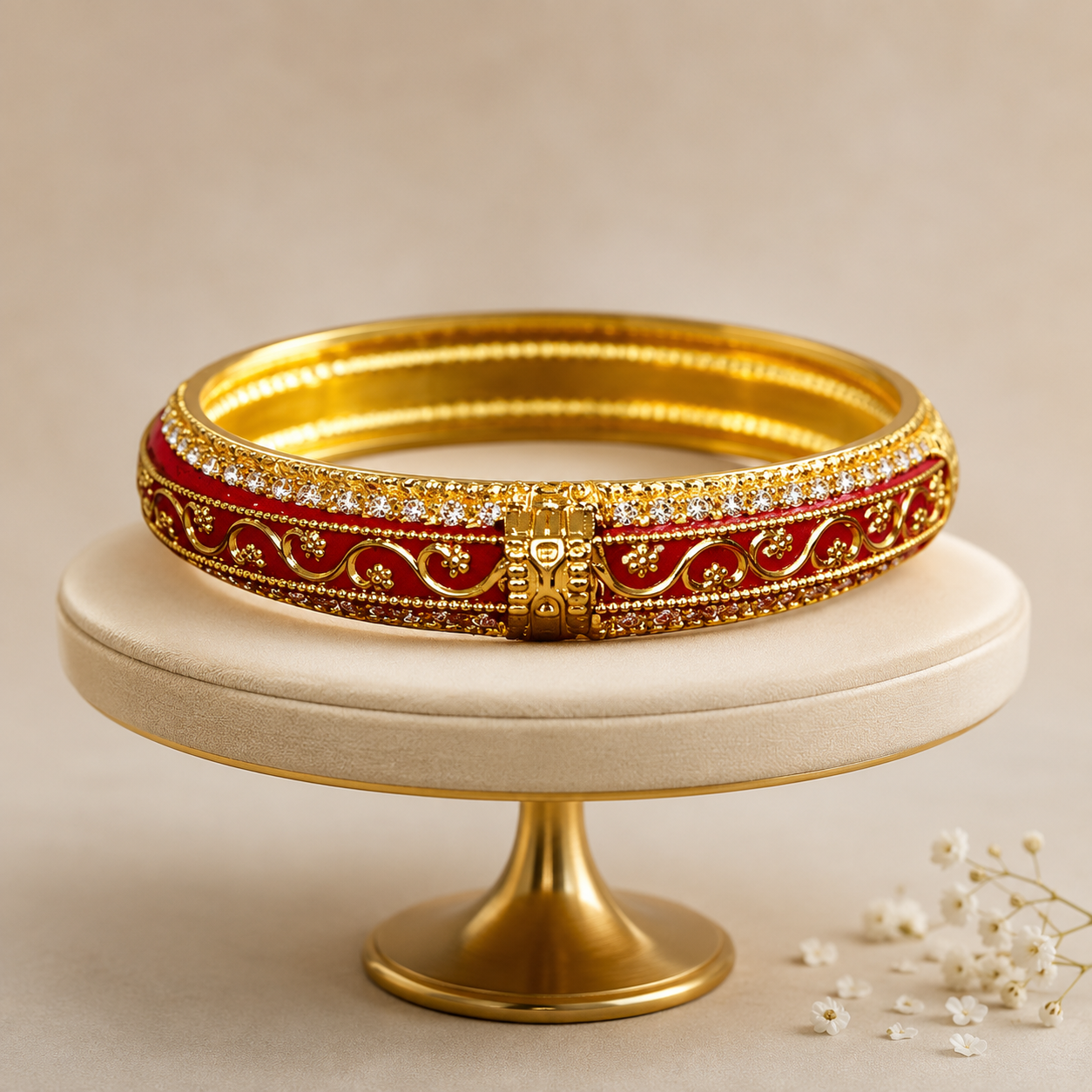 ACCESSHER Gold Plated Red Enamel Brass Kada with White Stone Detailing - Rajwadi Style Bangle (Size 2.8) - Image 2