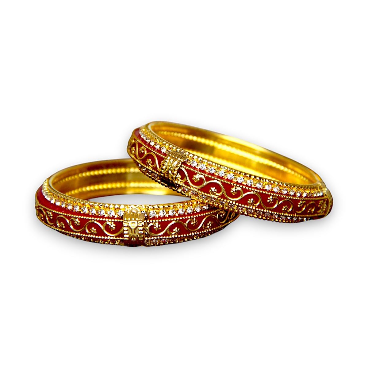 ACCESSHER Gold Plated Red Enamel Brass Kada with White Stone Detailing - Rajwadi Style Bangle (Size 2.8) - Image 5