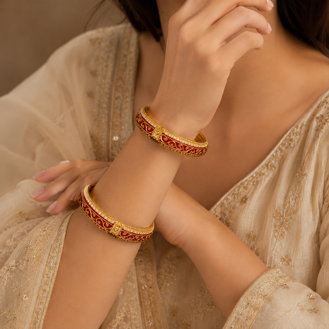 ACCESSHER Gold Plated Red Enamel Brass Kada with White Stone Detailing - Rajwadi Style Bangle (Size 2.8) - Image 6