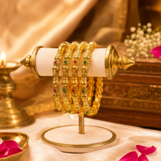ACCESSHER Gold Plated Traditional Bangles with Red & Green Floral Stone Detailing – Indian Wedding Jewellery Set of 4