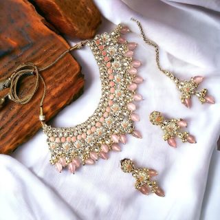 ACCESSHER Pink Bridal Choker Necklace Set with Faux Kundan, Pearl Embellishments, Earrings & Maang Tikka – Gold Plated Handcrafted Jewellery
