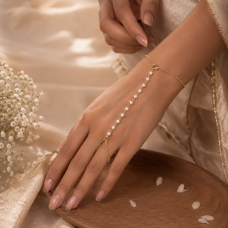 ACCESSHER Gold Plated Pearl Chain Hathphool Bracelet - Ring Detailing